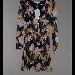 Daniel Rainn Black Cream Mustard Floral Leaf Long Sleeve Dress sz S Boho